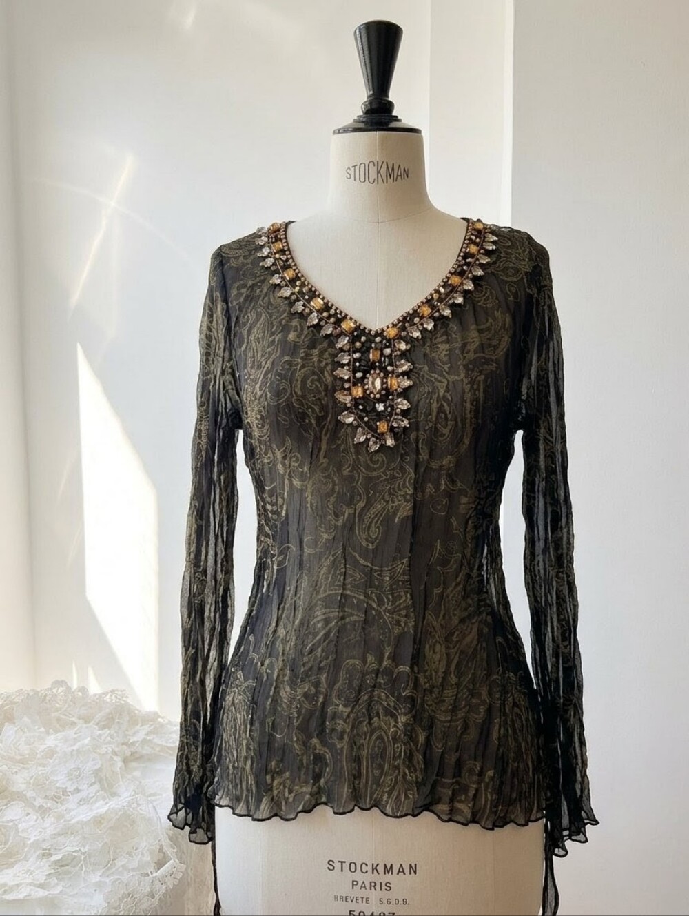 INC International Concepts Olive Green Paisley Sheer 100% Top with Jewel Trim